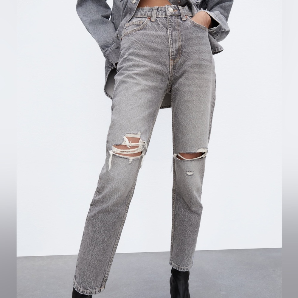Zara ripped classic mom fit jeans gray